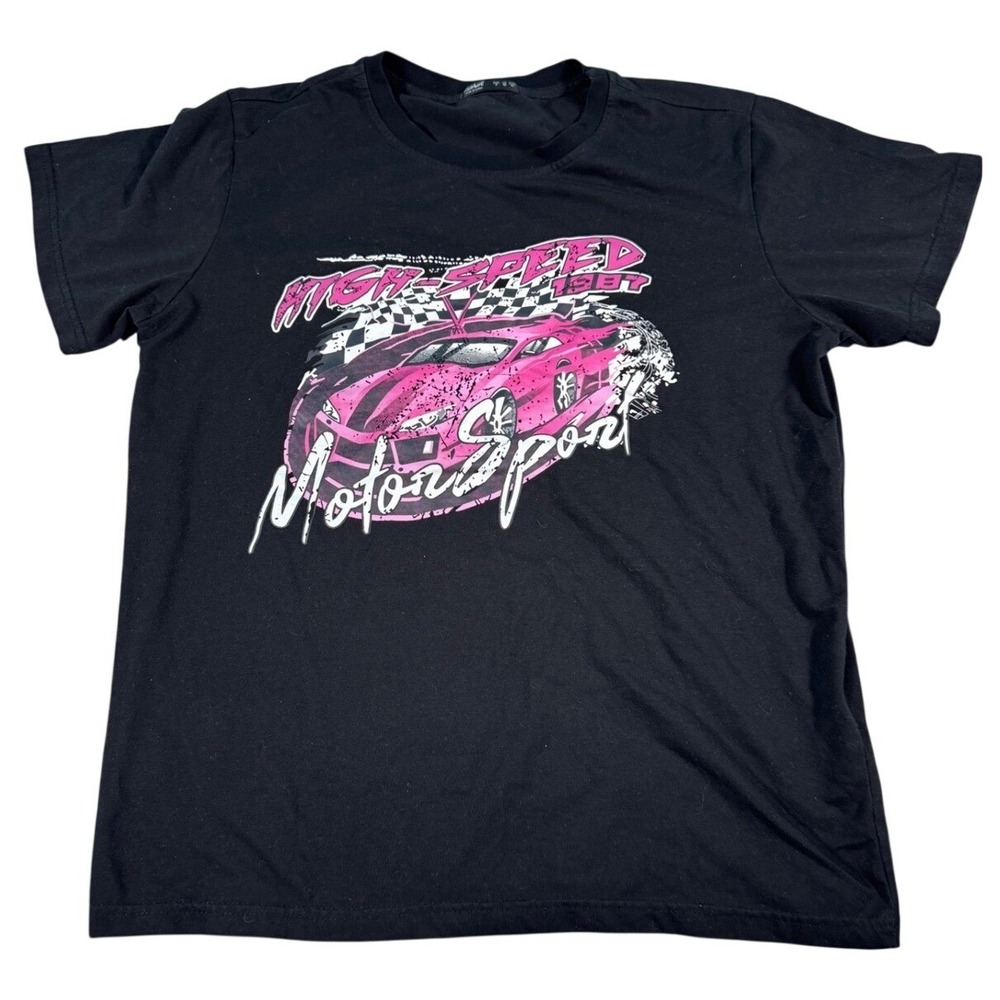ROMWE‎ Black Motorsport Graphic T Shirt Pink Race Car Speed Size S